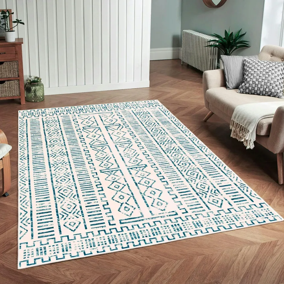 ISTANBUL Tapis|Textile·Tapis|Tapis écru contrasté – motifs bleus, 160x230 cm