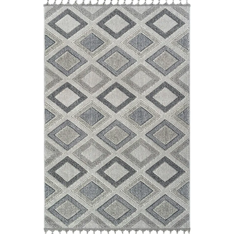 ISTANBUL Tapis|Textile·Tapis|Tapis de salon gris et bleu – motifs carrés, 120x180 cm