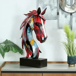 Objets Décoration·Figurines / Statues|Tête de cheval en métal multicolore sur socle H75x47x21cm