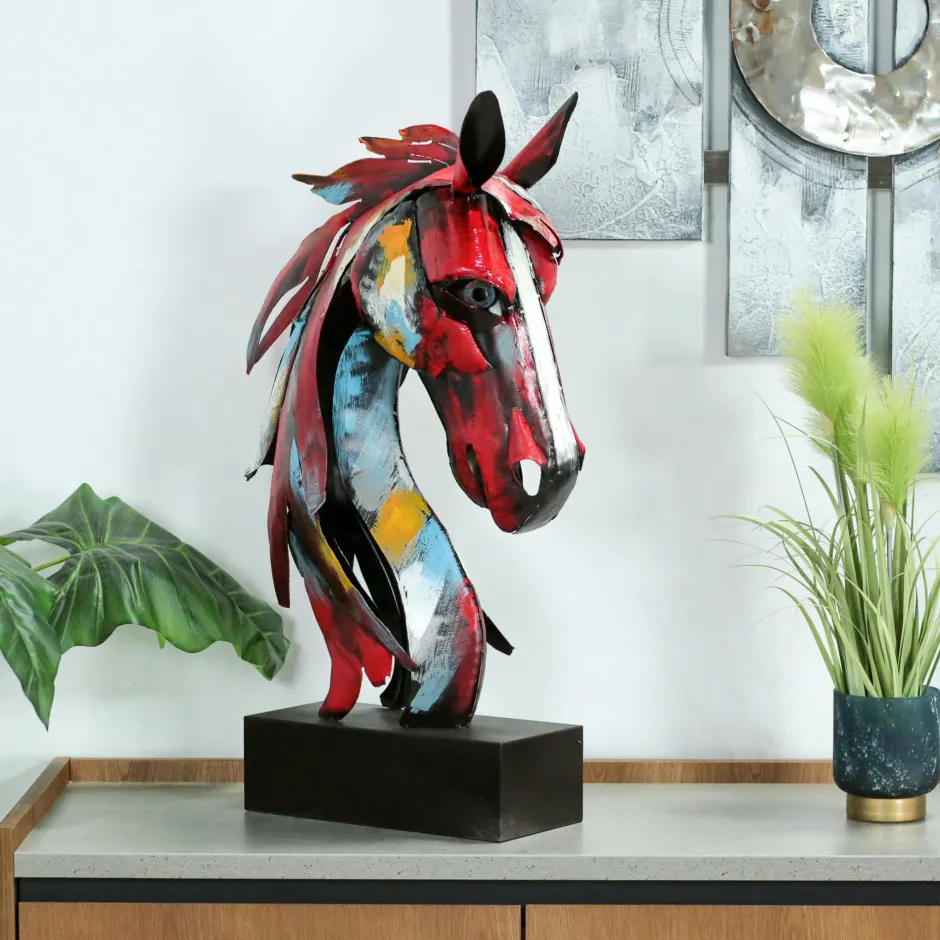 Objets Décoration·Figurines / Statues|Tête de cheval en métal multicolore sur socle H75x47x21cm