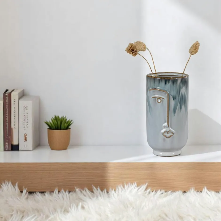 Vases|Vase moderne bleu avec motif visage