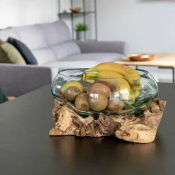 Arizona Vases|Vase verre soufflé et racine teck, artisanal H 25 cm